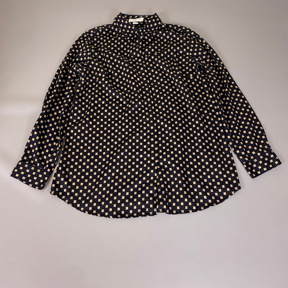 Coldwater Creek No Iron Shirt Women's Large 14 Navy Blue Tan Geometric Button Up